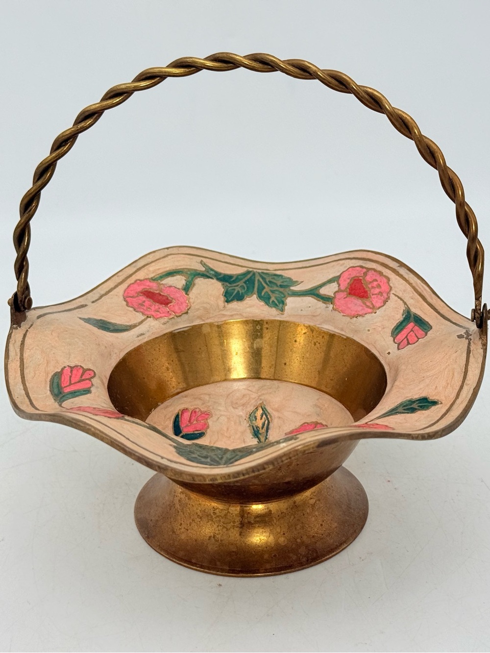 Vintage Floral painted Brass Basket with Twisted Handle - Pink & Green Accents